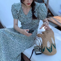 Short sleeve dress with floral lotus collar