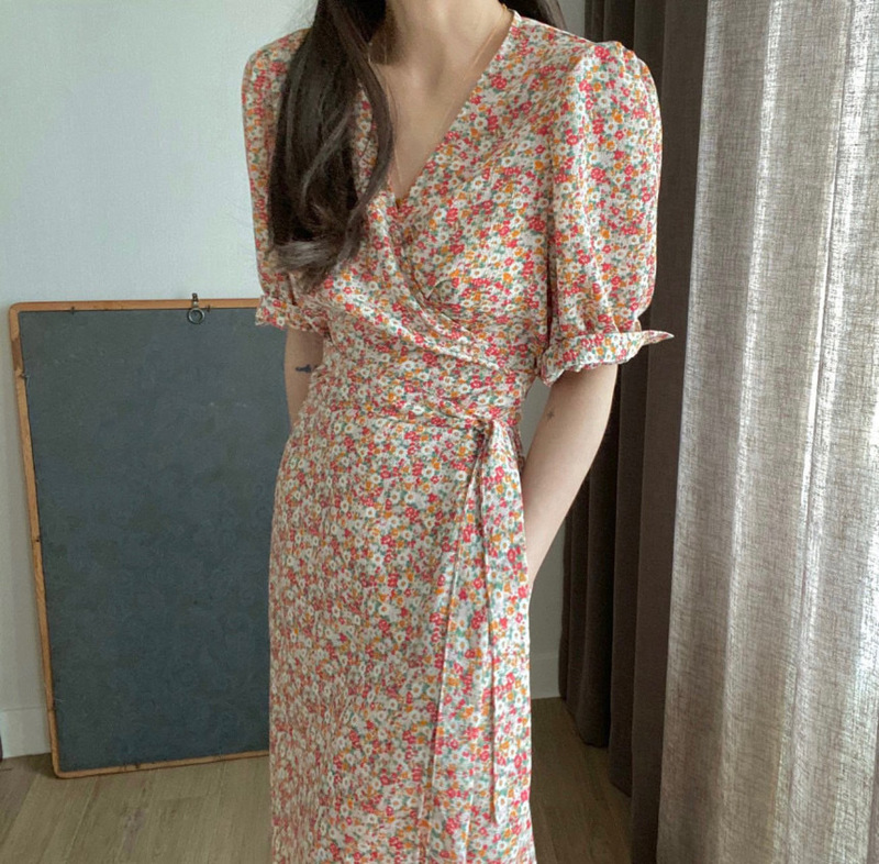 Korean small floral collar waist one piece bandage dress