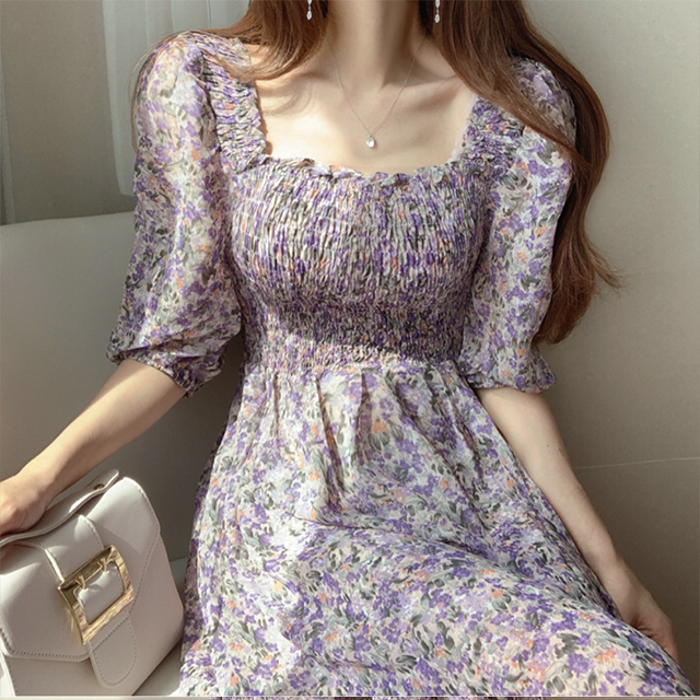 Korean chic retro square collar oil painting floral Elastic Waist Chiffon Dress