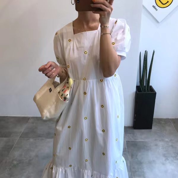 Smiling face embroidered Square Collar Dress