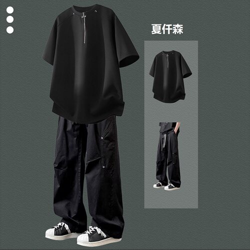 夏季男生黑色半拉链短袖T恤套装