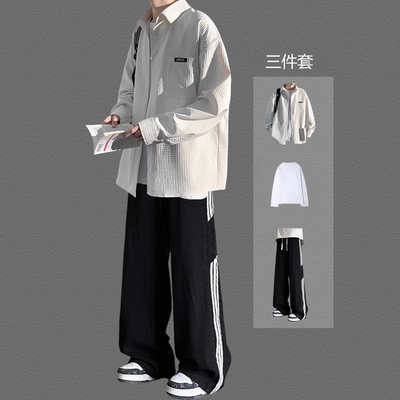 春秋新款长袖衬衫男士潮牌