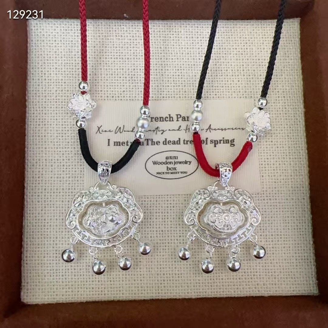 足银999灵动莲花平安锁纯银吊坠红绳 手工编织银项链女新中式银锁