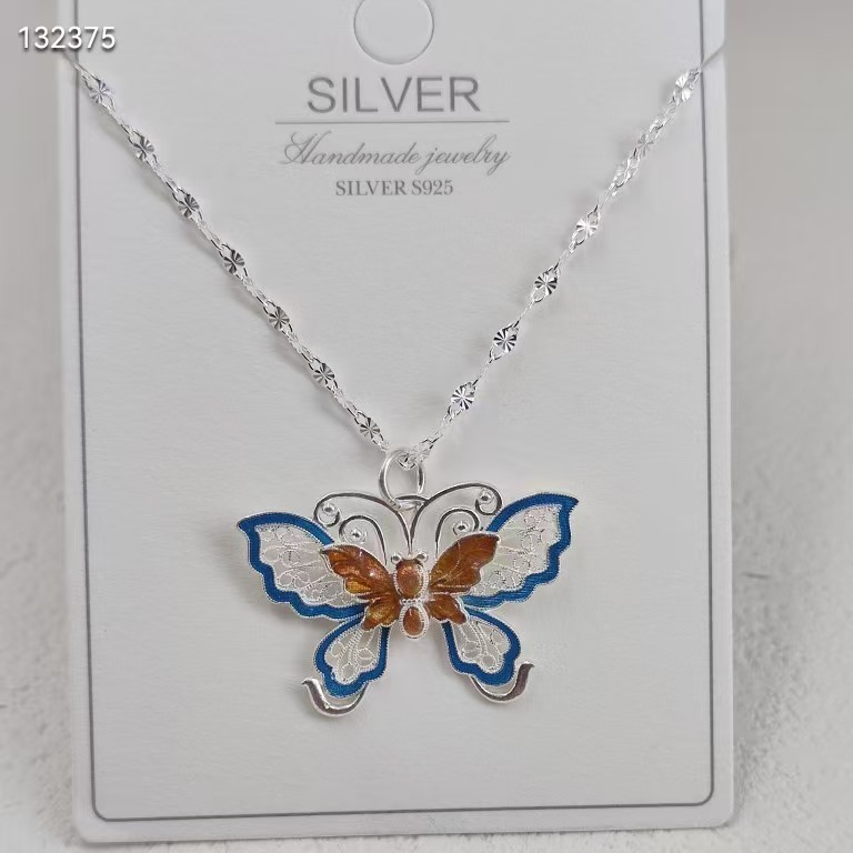 足银999新款项链彩色珐琅蝴蝶吊