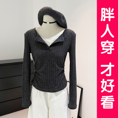 辣妹蕾丝V领假两件打底衫女秋季