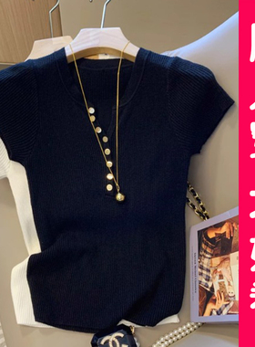 大码胖MMv领短袖正肩高级感百搭显瘦冰丝针织衫女装夏季新款上衣