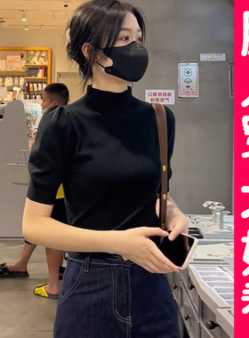 大码半高领冰丝短袖T恤女气质泡泡袖洋气针织衫中袖上衣胖mm夏季