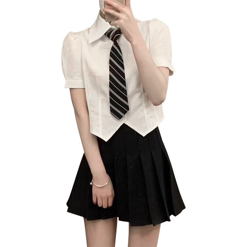 大码JK制服套装夏短袖白色衬衫女设计感小众纯欲衬衣上衣胖mm短裙