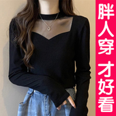 大码 半高领毛衣女胖mm网纱拼接上衣内搭洋气针织打底衫 胖妹妹秋冬