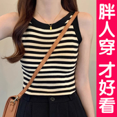 无袖 大码 黑白条纹冰丝吊带小背心女内搭外穿针织打底衫 上衣胖mm夏