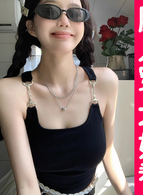 大码外穿无袖黑色吊带背心女夏季辣妹网红别致设计感打底上衣胖mm