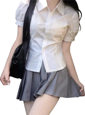 大码收腰JK衬衫衬衣短袖上衣胖mm