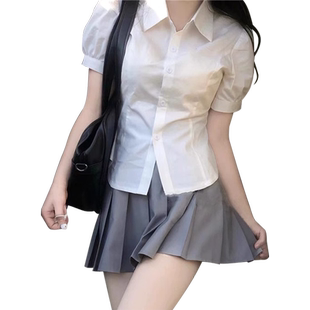大码收腰jk衬衫女辣妹短款衬衣学院风短袖上衣设计感小众胖mm夏季