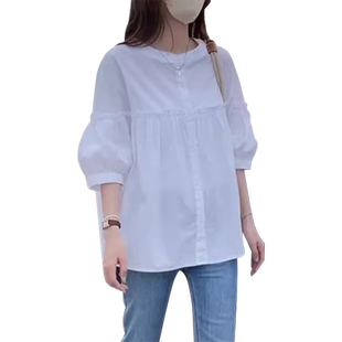 大码胖mm宽松遮肚子白色衬衫女法式娃娃衫五分袖上衣小衫夏季薄款
