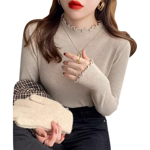 加肥加大码洋气内搭打底衫女木耳边半高领毛衣针织衫上衣胖mm秋冬