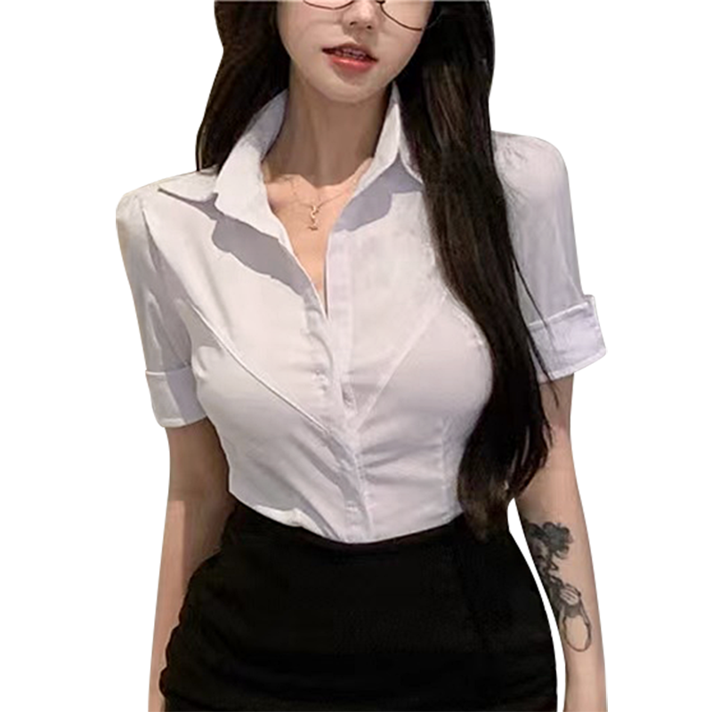 大码短袖白色衬衫女工作服性感上衣t恤收腰制服职业装衬衣胖mm夏