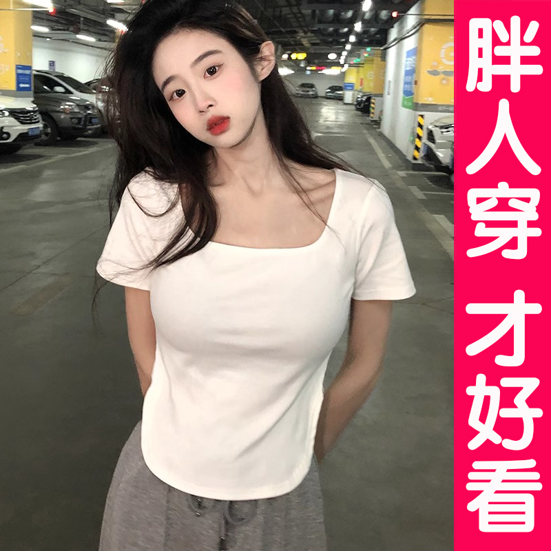 大码方领短袖T恤女不规则上衣