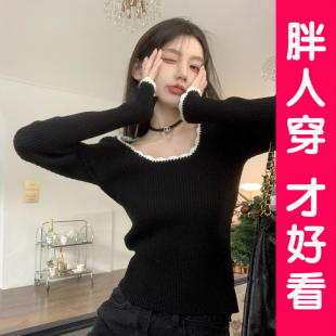 女装 胖MM针织内搭打底衫 百搭显瘦大码 花边领撞色设计时髦圆领修身