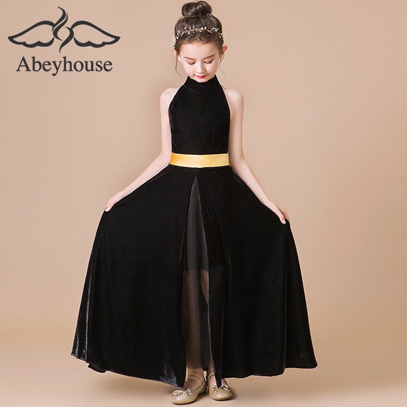 艾贝优女童钢琴考级长款演出服中大童露肩挂脖晚礼服儿童公主裙新