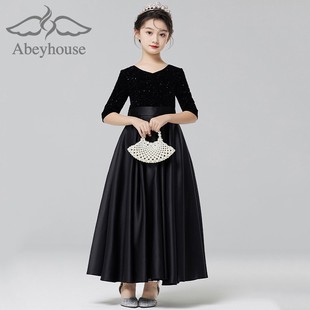 女童黑色晚礼服儿童走秀公主裙轻奢小众钢琴演出服女宝乐团主持服