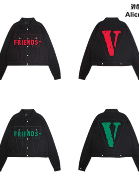 外星伴侣VLONE美版走秀款刺绣短款后背大V陈冠希同款牛仔夹克外套