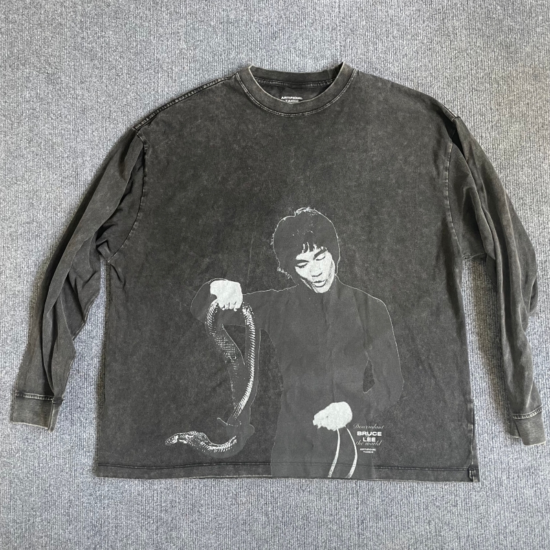 Artificial Taichi人工太极 李小龙擒蛇 印花水洗做旧宽松长袖T恤