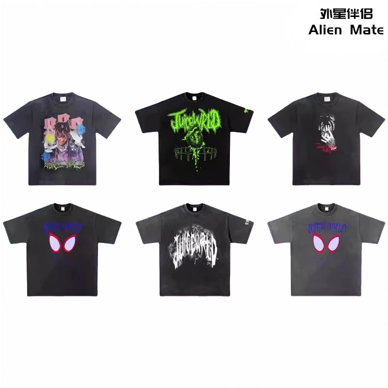 外星伴侣Juice WRLD 23SS水洗做旧破坏Vintage人像999圆领短袖T恤