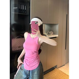 宅女家基础款纯色气质圆领褶皱无袖背心女夏季显瘦chic百搭上衣