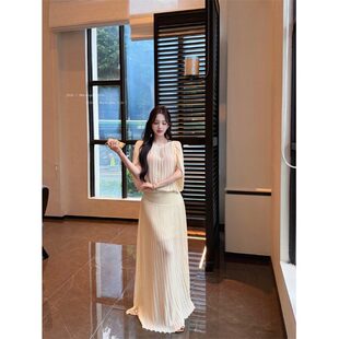 杏色压褶针织T恤宽松上衣女夏季温柔风套装大摆长裙半身裙两件套