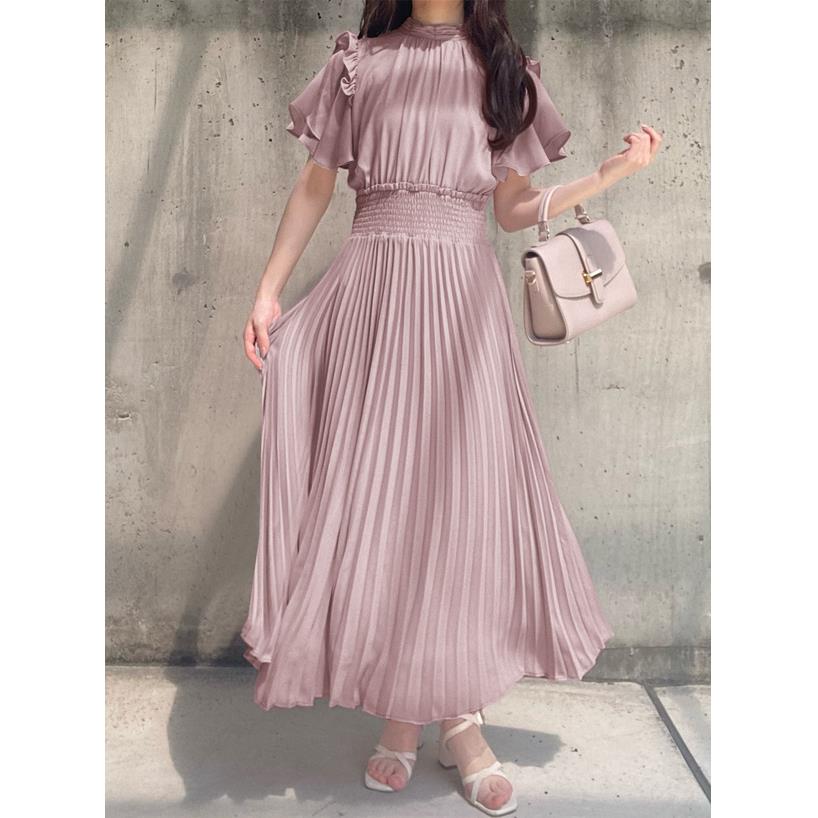 GRL夏季新款2025日系甜美后蝴蝶结荷叶边松紧腰长款百褶连衣裙