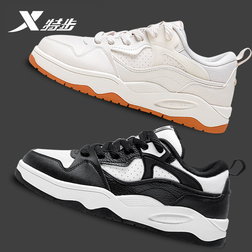 特步男鞋板鞋2025冬季新款厚底百搭休闲小白鞋子皮面潮流运动鞋男