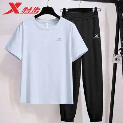 特步速干运动套装女夏季薄款官方旗舰店正品短袖长裤休闲服两件套
