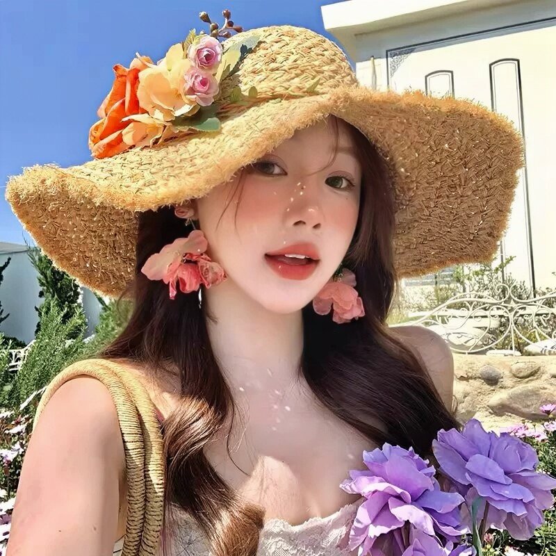 拉菲草帽女2026新款夏季花朵帽子海边度假沙滩帽大帽檐遮阳防晒帽