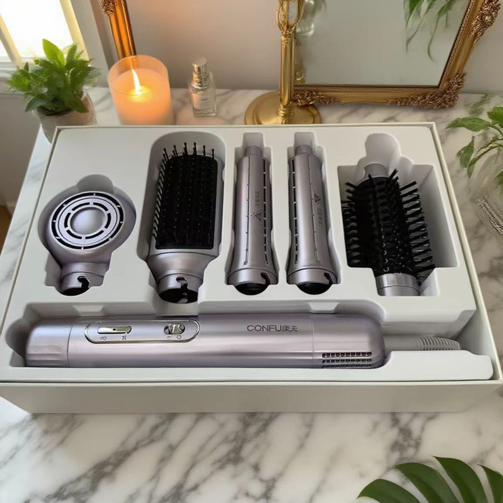 康夫卷发棒卷直两用高速电吹风梳多功能美发棒卷发棒高端送礼女友