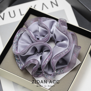 雾紫纱边水钻发圈头花女饱满高级感丸子头发饰扎马尾头绳韩系新款