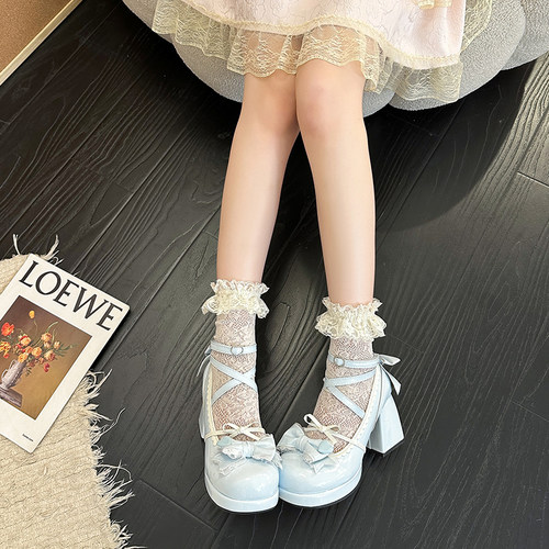 夏季奶呼呼甜美lolita高跟鞋女粗跟花玲lo鞋圆头洛丽塔小皮0412z