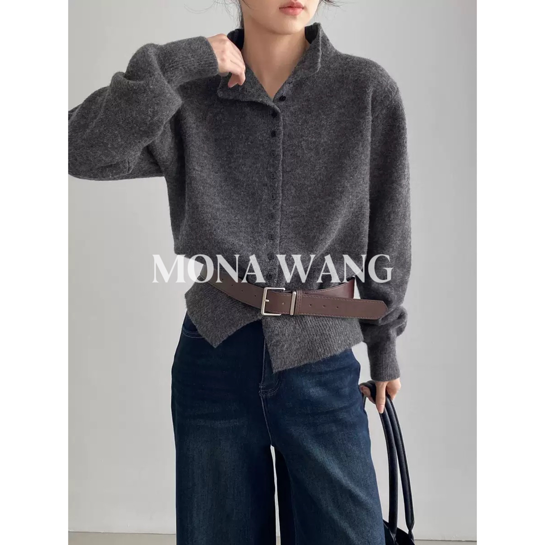 韩单高品灰色半高领毛衣女2025新款复古纯色单排扣软糯针织开衫女