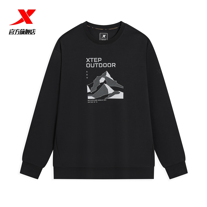 特步2025秋冬季新款套头男卫衣黑色保暖时尚潮流圆领套头运动男装