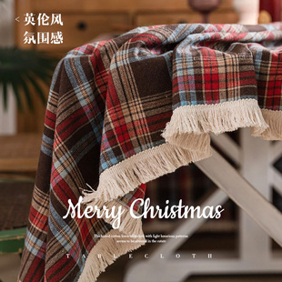 棉麻圣诞格子桌布英伦风复古布艺氛围流苏餐桌布新年氛围装 饰台布