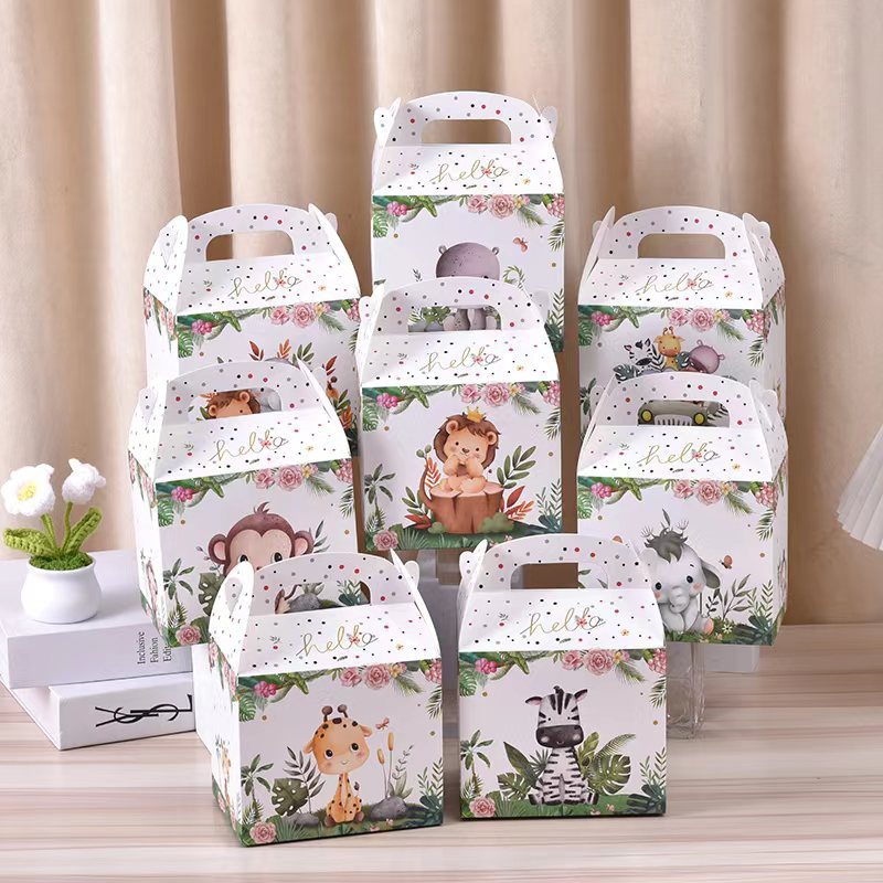 新款创意亚马逊丛林小动物派对加厚纸盒手拎节日卡通小朋友糖果盒