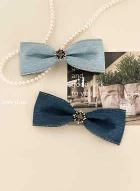 原创头饰发饰牛仔布艺发卡蓝色蝴蝶结发夹饰品蓝色日韩简约弹簧夹