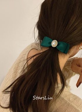 很高级的绿色蝴蝶结珍珠发圈~皮筋发绳头绳韩国ins手工头饰法式女