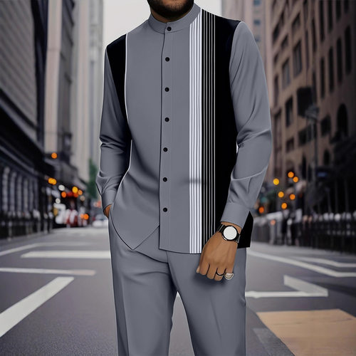 欧美现货男士3d数码印花秋冬潮流条纹户外悠闲衬衫纽扣套装