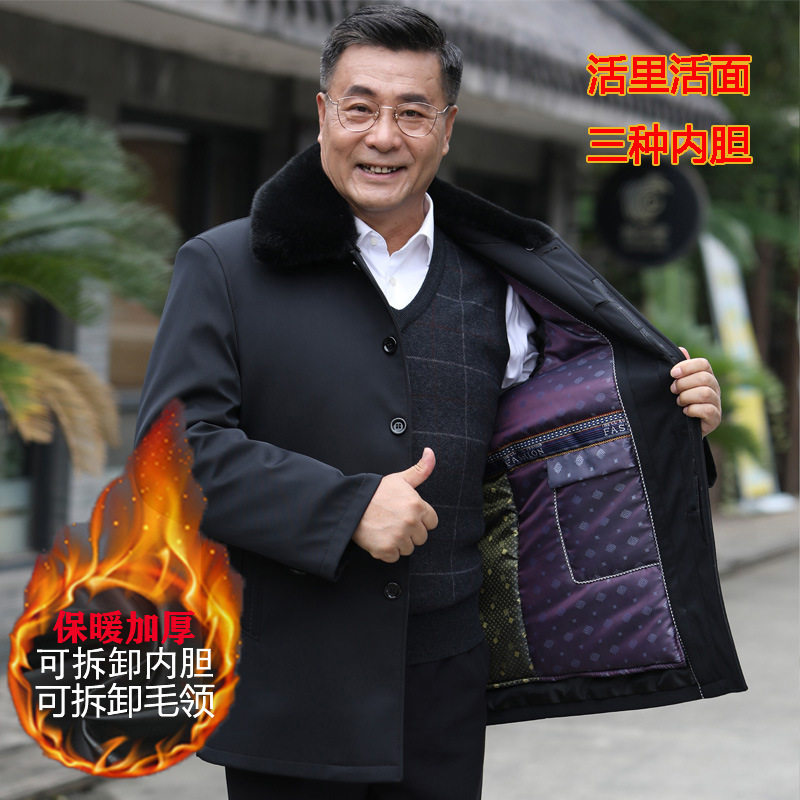 冬季中老年男士棉服内胆毛领可脱卸活里活面棉衣老年尼克服加厚