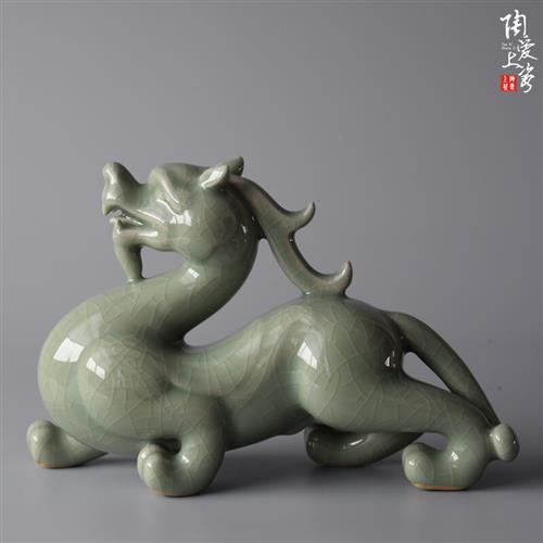 孟玉松汝瓷豆绿釉貔貅国风陶瓷动物摆件中式手工汝窑客厅装饰礼盒