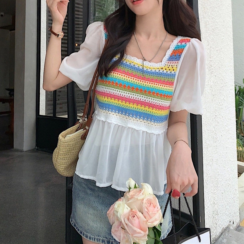 maSande雪纺短袖方领女夏季复古镂空条纹泡泡袖遮肚子修身显瘦甜