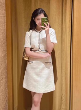 maSande2023季优雅木耳花边白色粗花呢连衣裙SFPRO03308