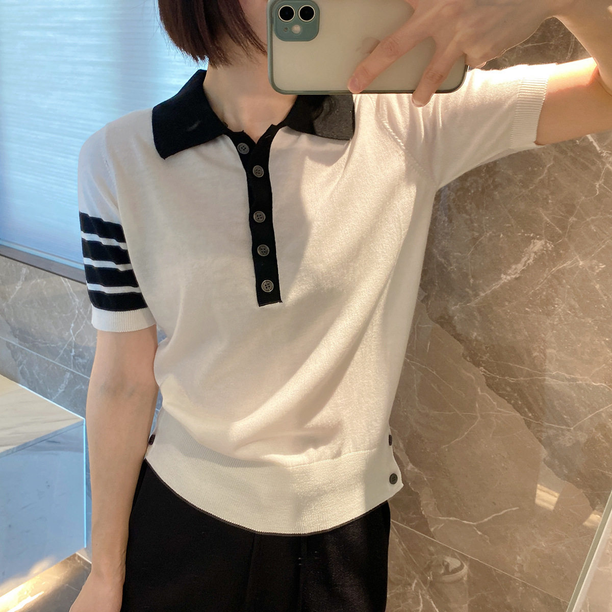 maSande23夏季新款TB短袖polo翻领衫针织衫花朵t恤学院风女翻领O