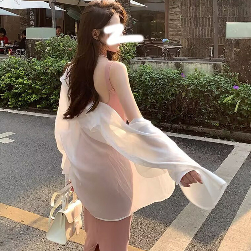 maSande白色薄纱天丝衣衬衫女2023夏季新款配吊带裙子外搭罩衫短