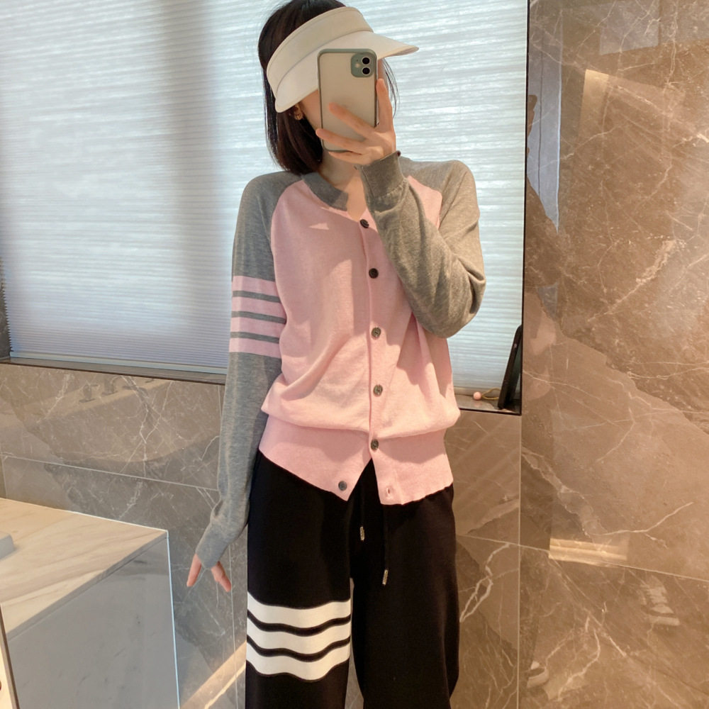 maSande春季新款TB圆领拼色羊毛开衫女宽松针织外套男女情侣款tb